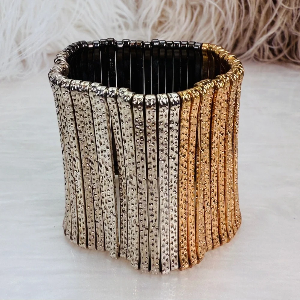 Silvertone aged Goldtone, black gunmetal wide band stretch bracelet
